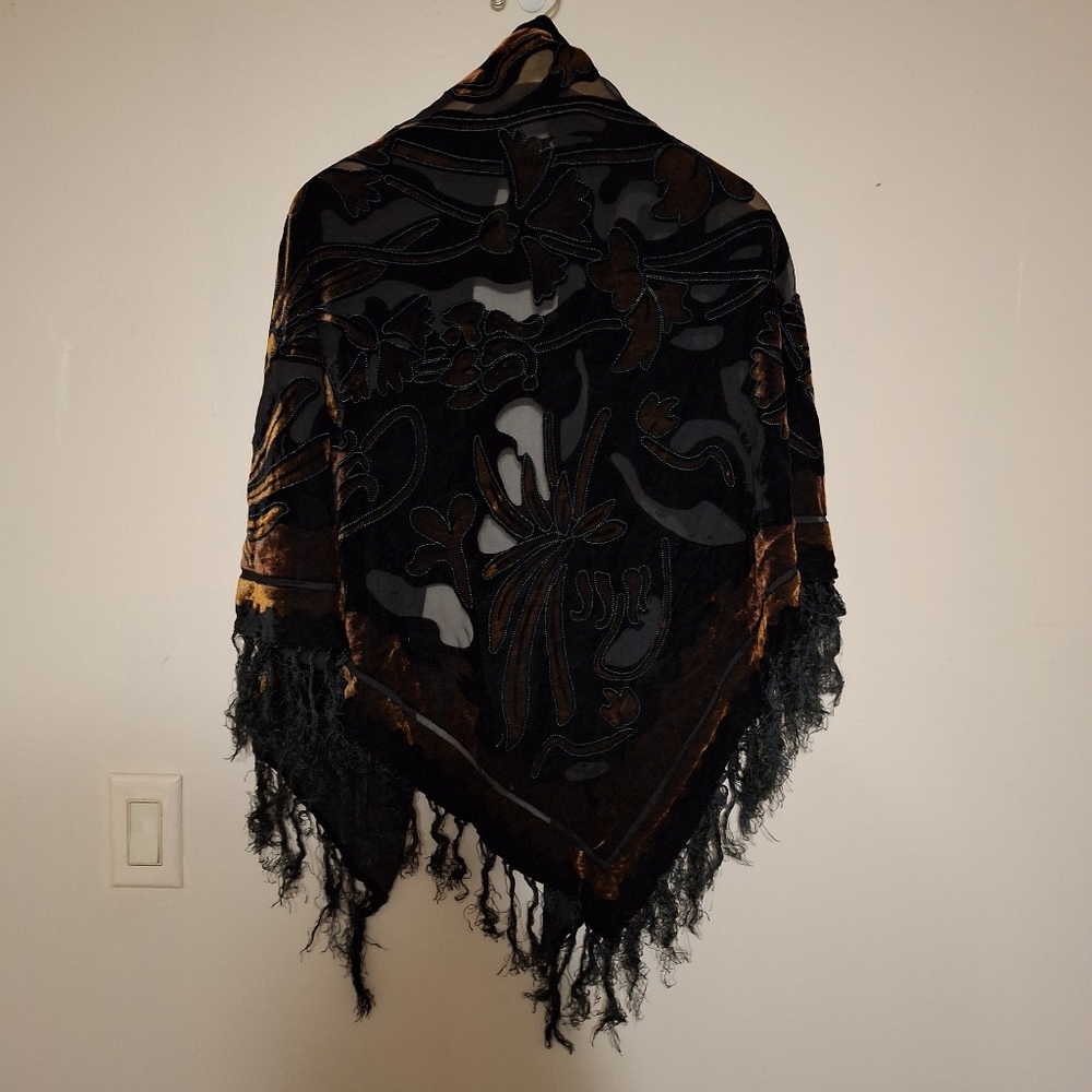 Vintage Black Velvet Burnout Silk Blend Shawl Fringe Boho Fairy Whimsigoth